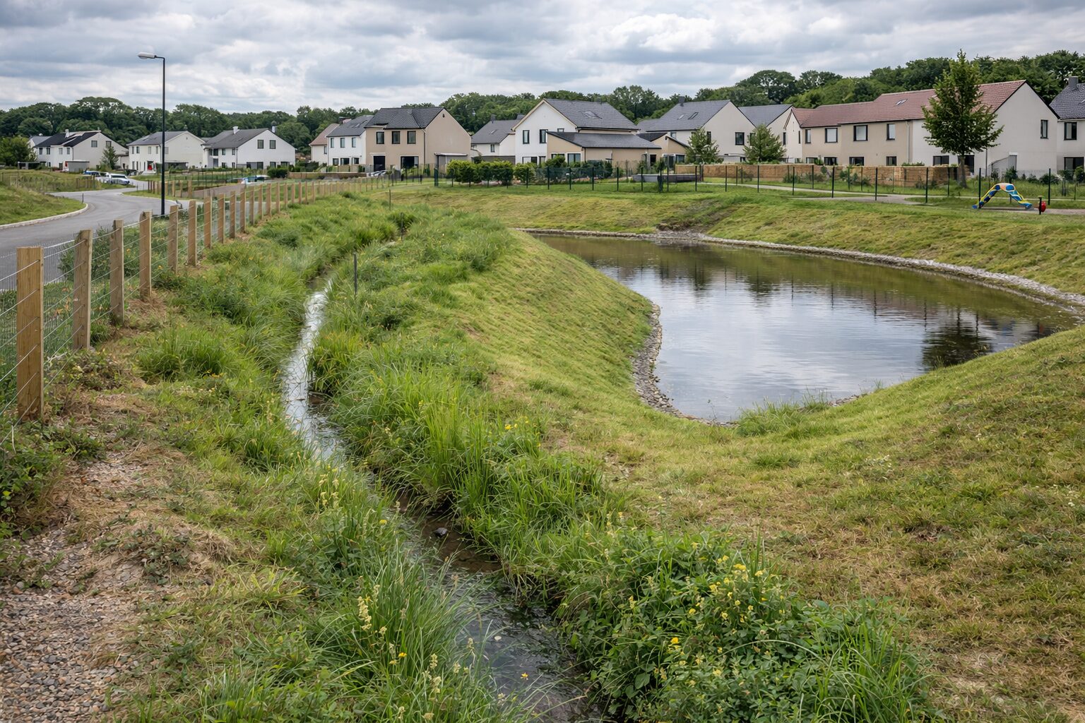 Bassin de rétention et noue paysagère dans un lotissement résidentiel
